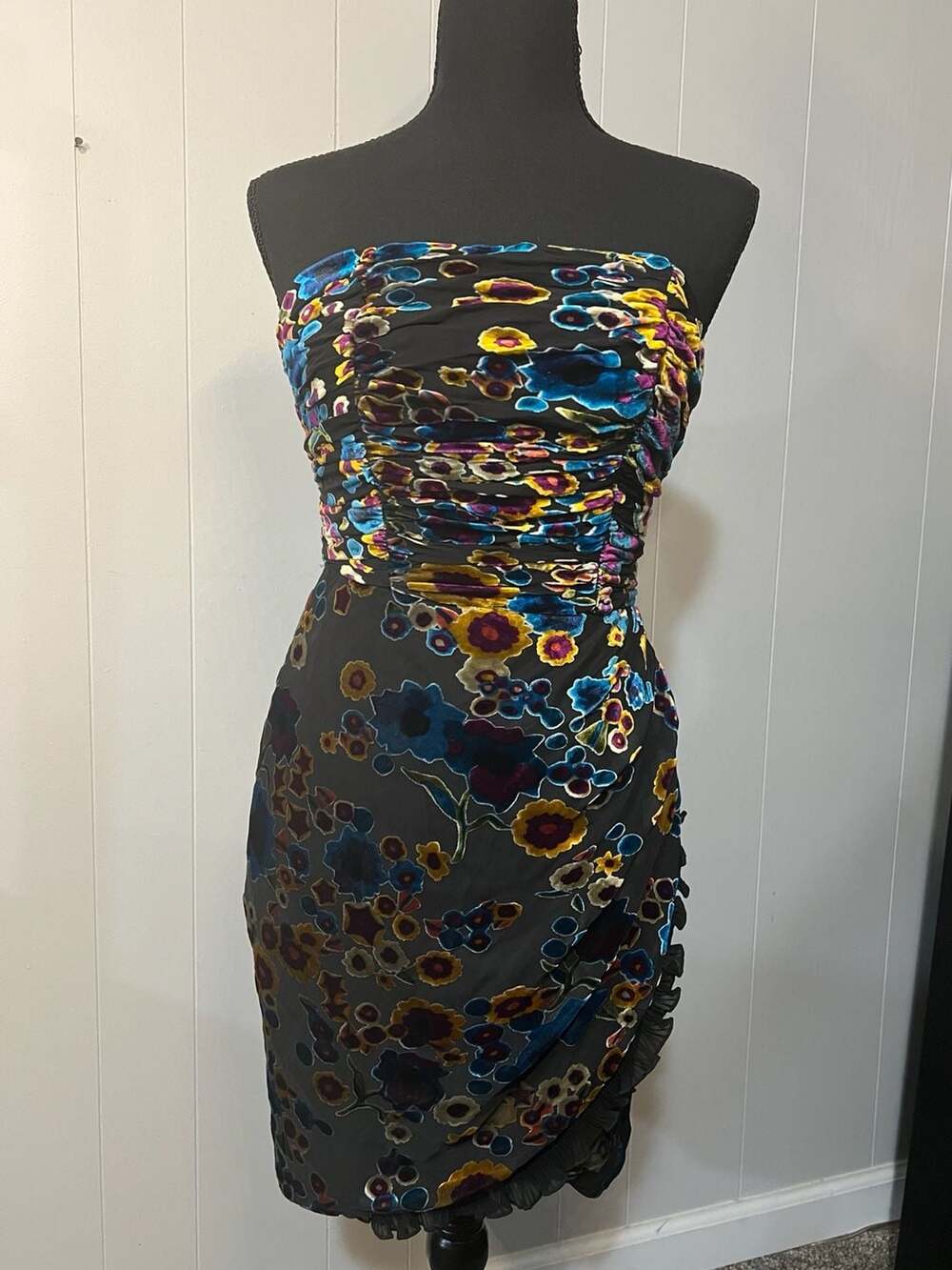 Juicy Couture Vintage Silk Devoré Floral Strapless Ruched Dress